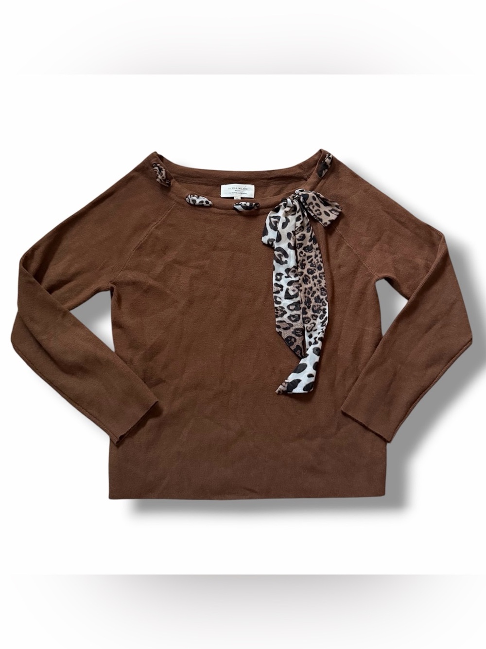 la vila milano milan brown sweater with cheetah print ribbon